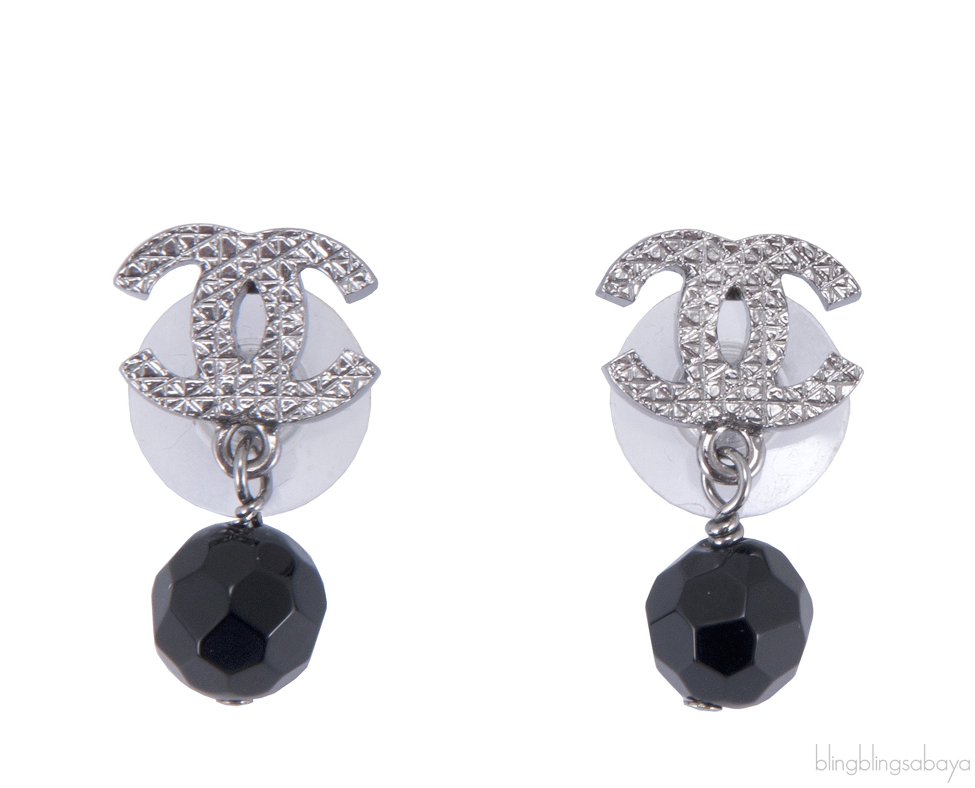 Silver CC Black Crystal Drop Earrings