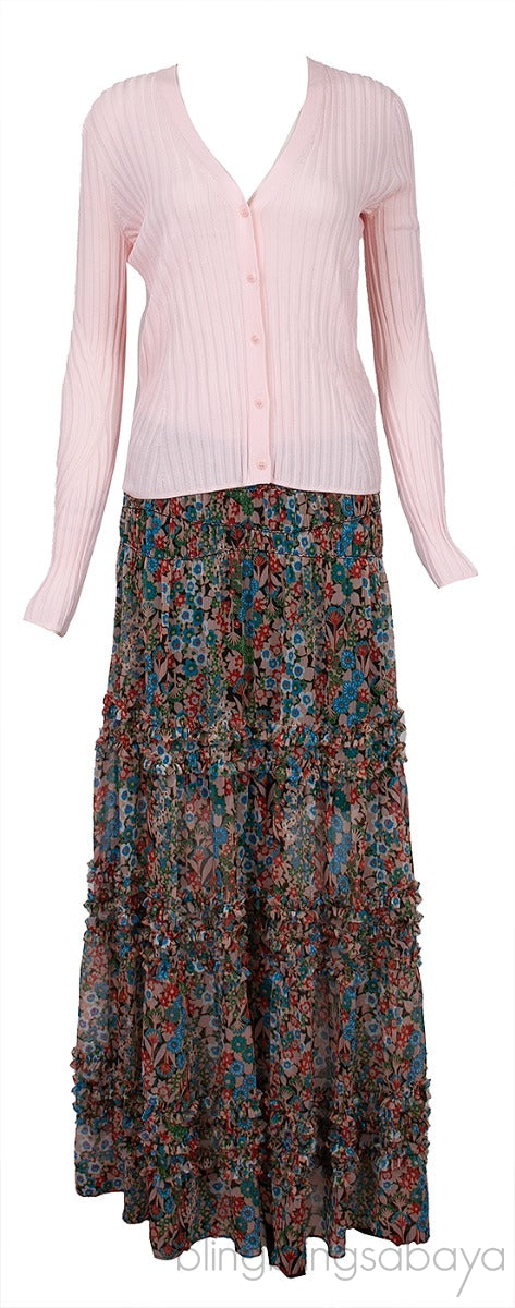 Pink Seam Free Engineered Cardigan & Tiered Multicolor Printed Skirt