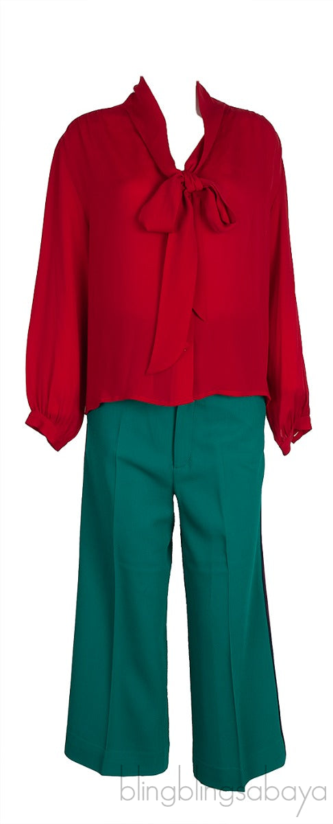 Red Pussy Bow Longsleeve Blouse & Green Trouser