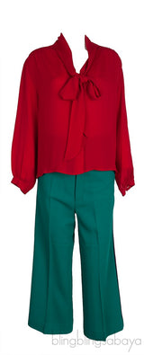 Red Pussy Bow Longsleeve Blouse & Green Trouser