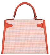 Kelly 28 Sellier Toile Quadrille Veau Swift Terre Battue-Mauve Sylvester-Blanc