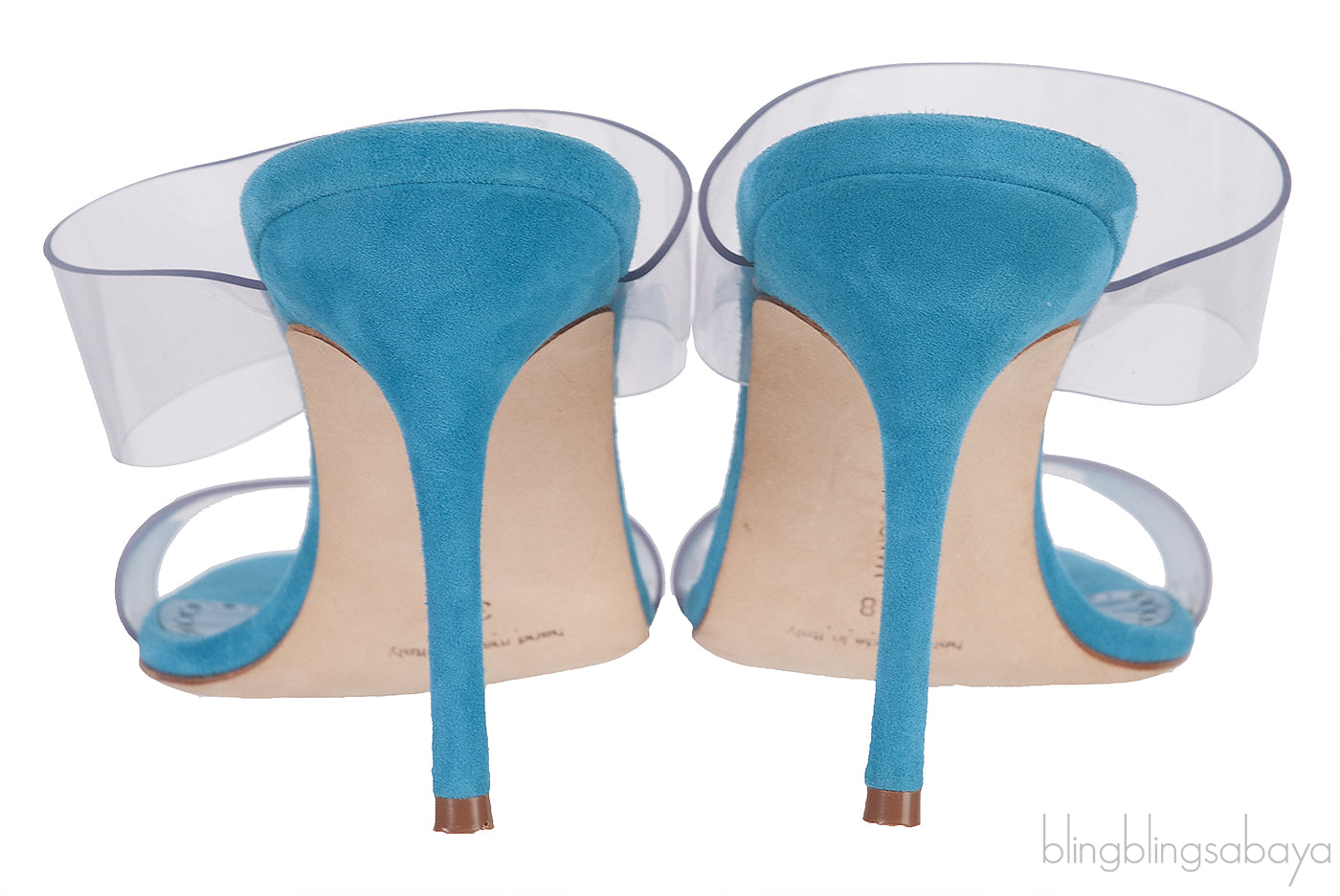 Manolo Blahnik Teal Blue Suede & Clear Eco PVC Scolto Open Toe Mules