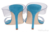 Manolo Blahnik Teal Blue Suede & Clear Eco PVC Scolto Open Toe Mules