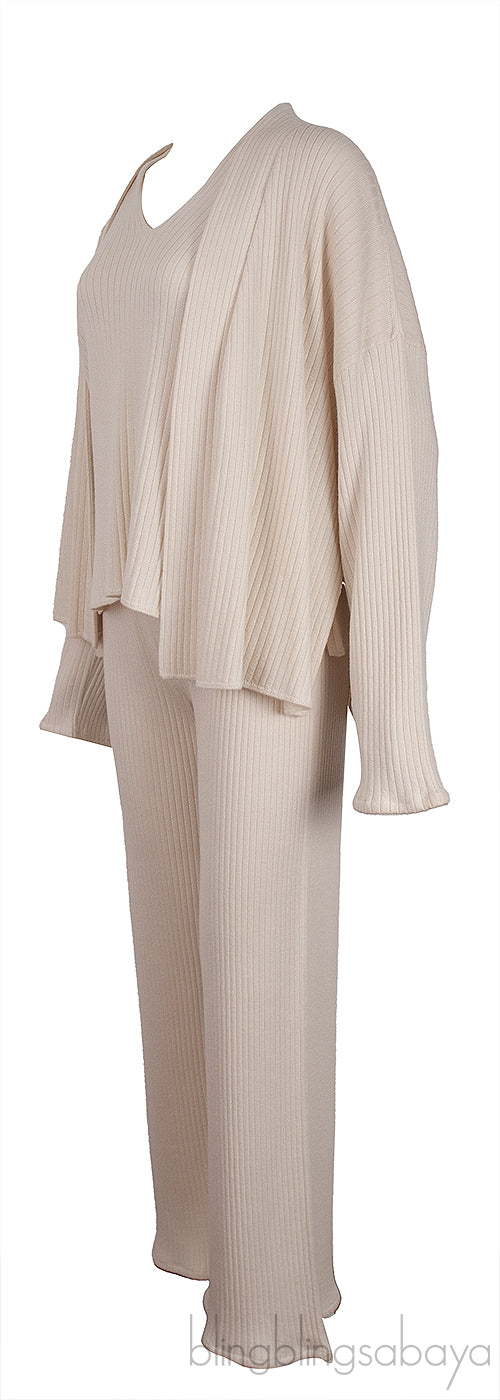 Off-white Cashmere Silk Blend Cardigan, Top & Wide Leg Set