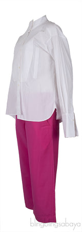 White Long Sleeve Shirt And Fuchsia Wide Leg Trouser