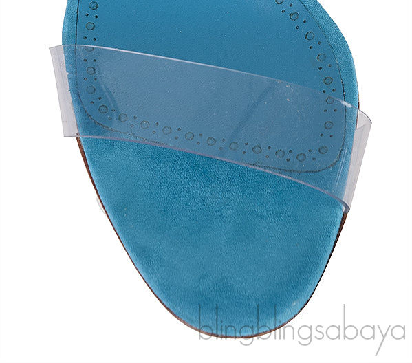 Manolo Blahnik Teal Blue Suede & Clear Eco PVC Scolto Open Toe Mules