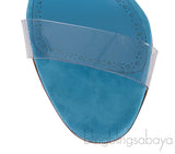 Manolo Blahnik Teal Blue Suede & Clear Eco PVC Scolto Open Toe Mules