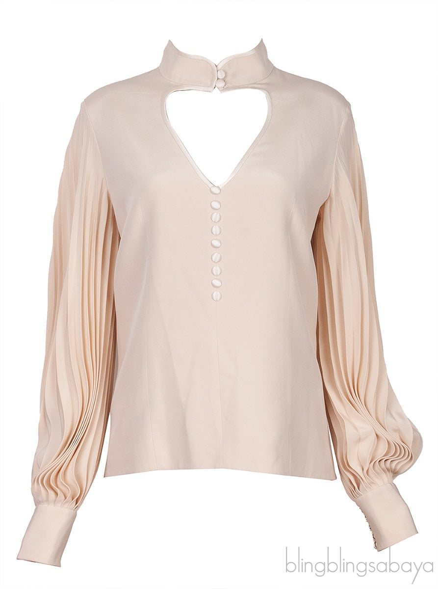 Beige Heart Cut-out Pleated Sleeve Blouse