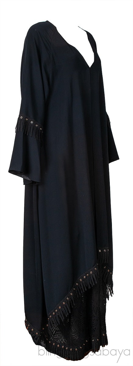 Black Layered Eyelet Ring Fringed Trim Abaya