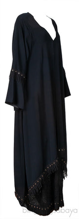 Black Layered Eyelet Ring Fringed Trim Abaya
