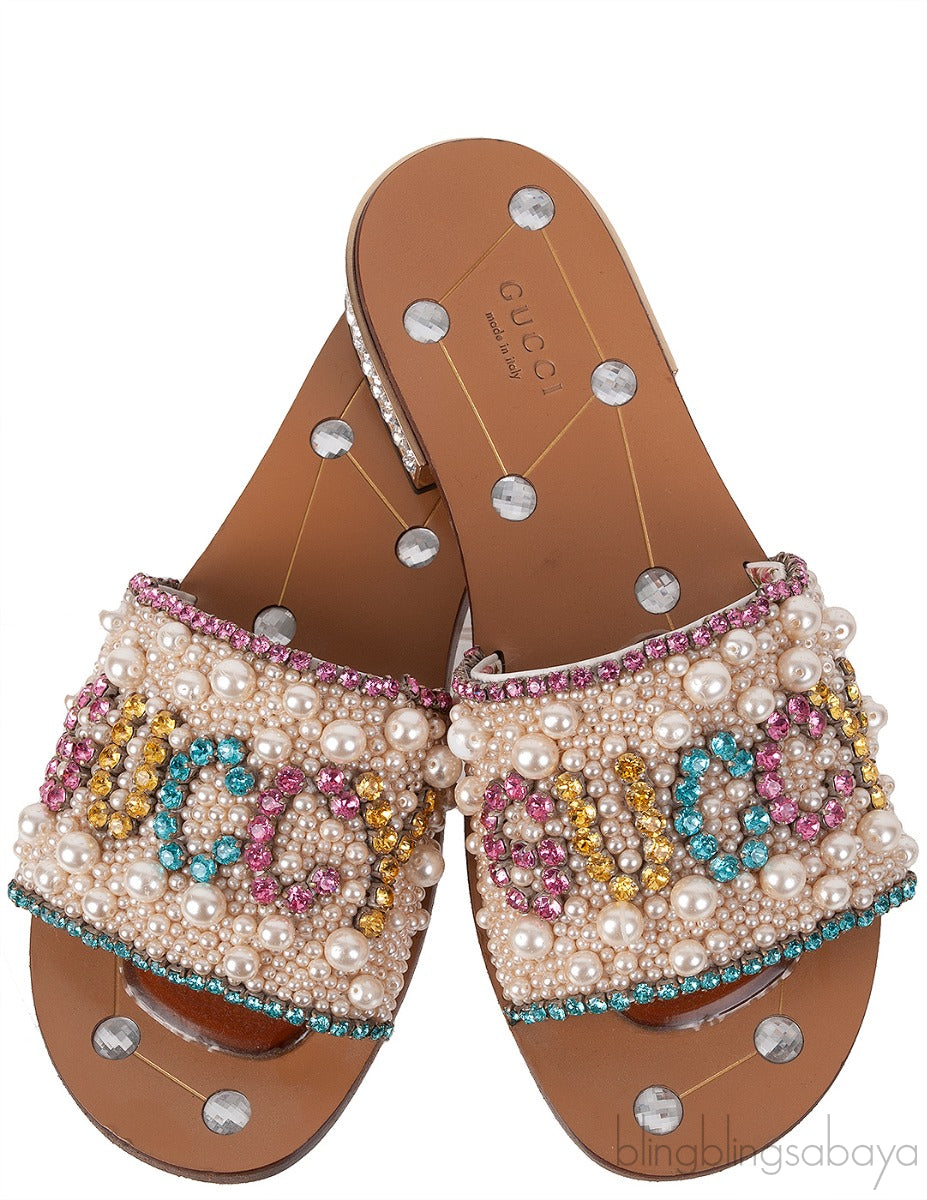 Guccy Pearl and Crystal Embellished Slide Sandals