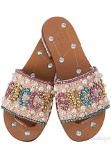 Guccy Pearl and Crystal Embellished Slide Sandals