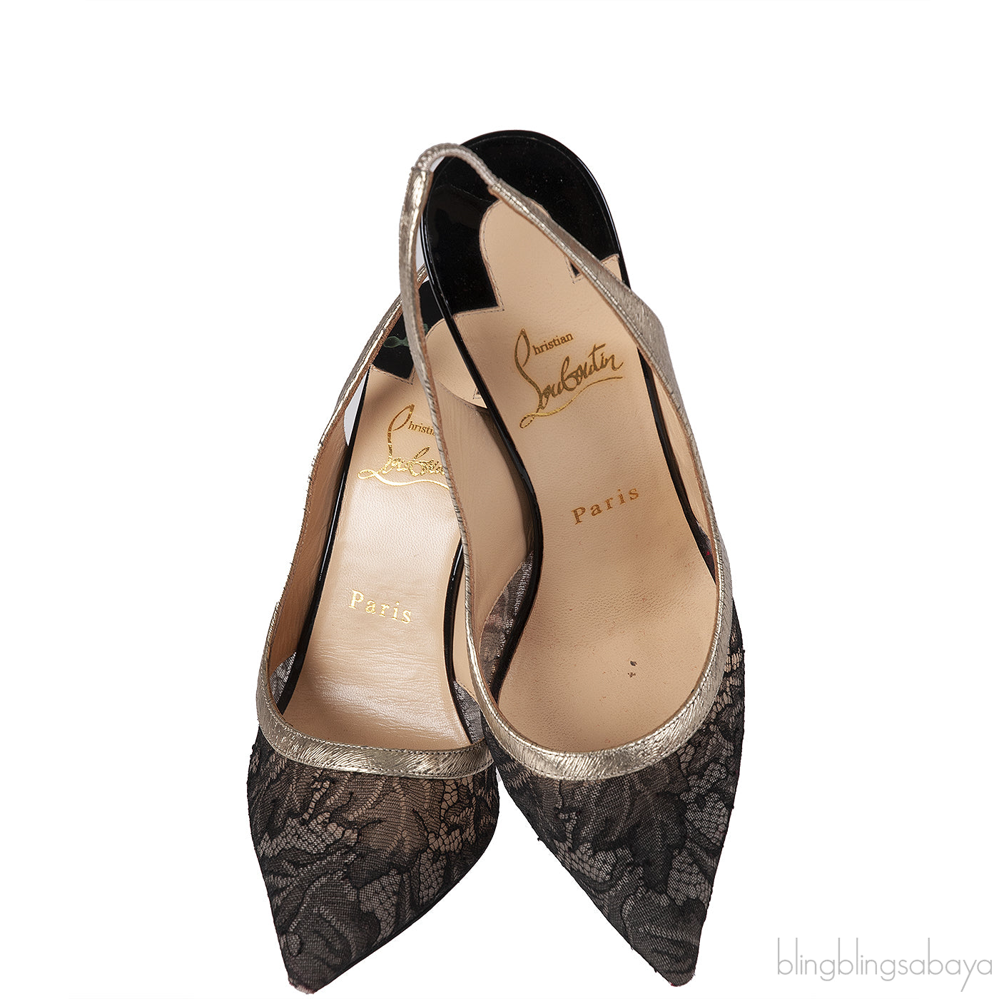Christian Louboutin Black Floral Lace Gold Trim Slingback Heels