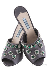 Grey Floral Crystal Slip on Sandals