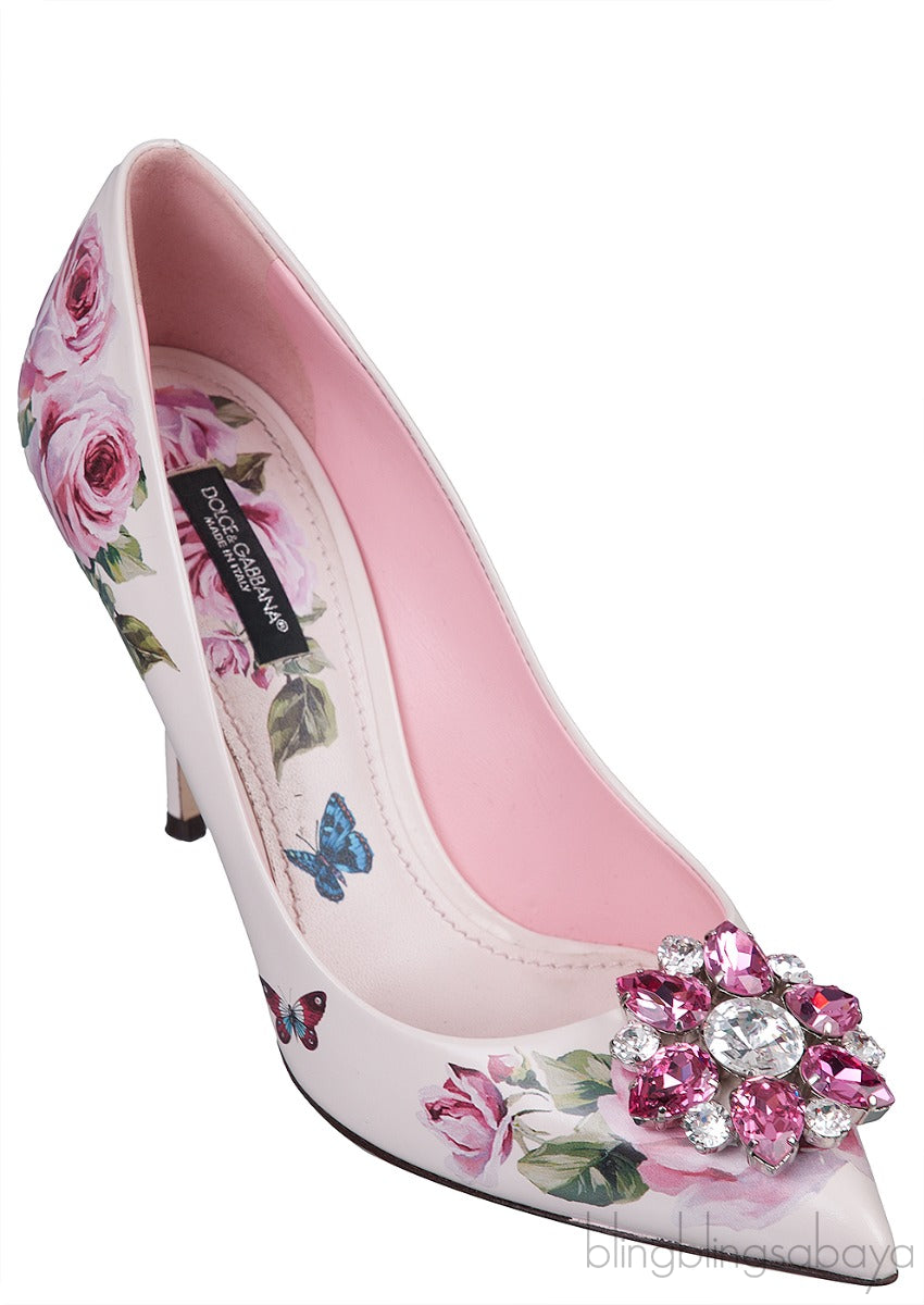 Jeweled Floral Print Leather Heels