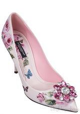 Jeweled Floral Print Leather Heels