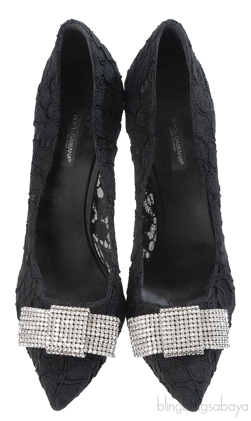 Dolce & Gabbana Black Lace Crystal Bow Heels