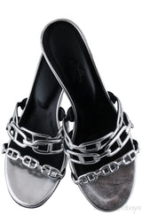 Chain Silver Leather Block Heels