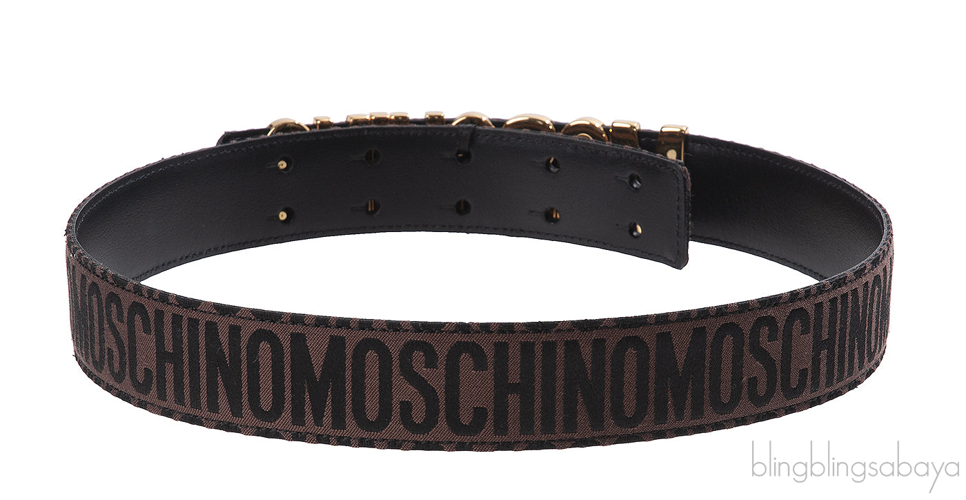 Moschino Brown Jacquard Metallic Logo Buckle Belt