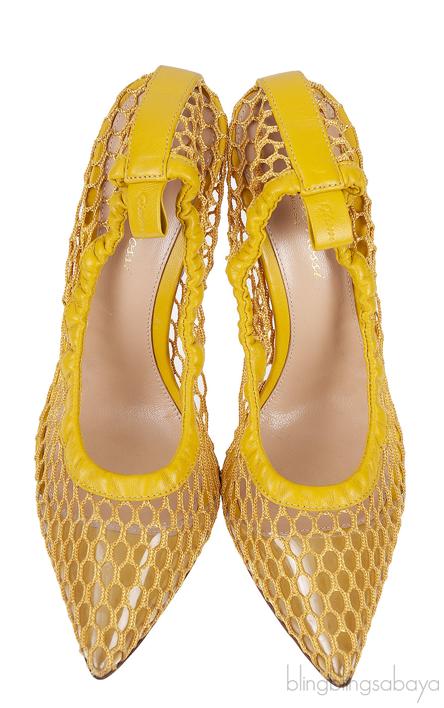 Mustard Leather Trimmed Fishnet Pump