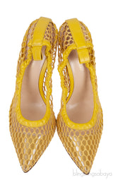 Mustard Leather Trimmed Fishnet Pump