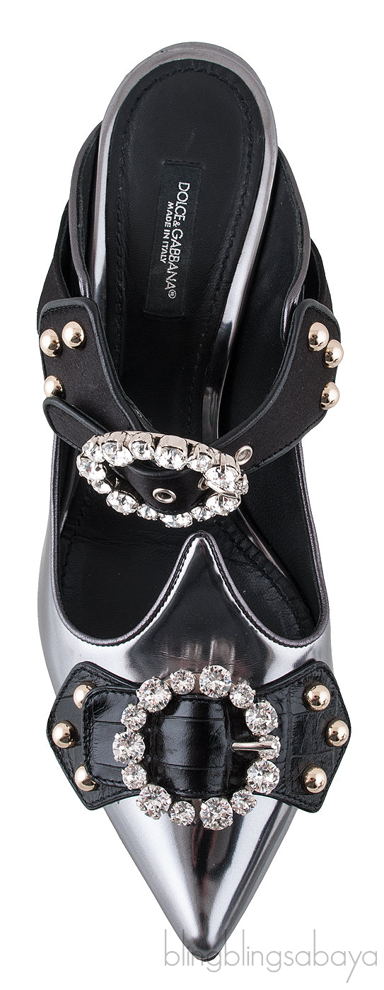 Patent Grey Crystal Slide Mule