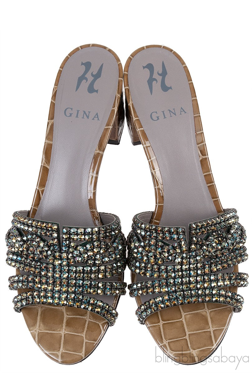 Moss Green Croc Embossed Crystal Heeled Sandals