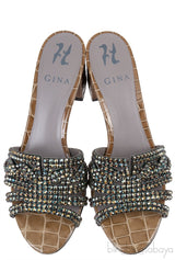 Moss Green Croc Embossed Crystal Heeled Sandals