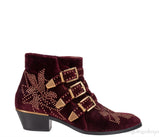 Burgundy Velvet Metal Beads Strappy Boots