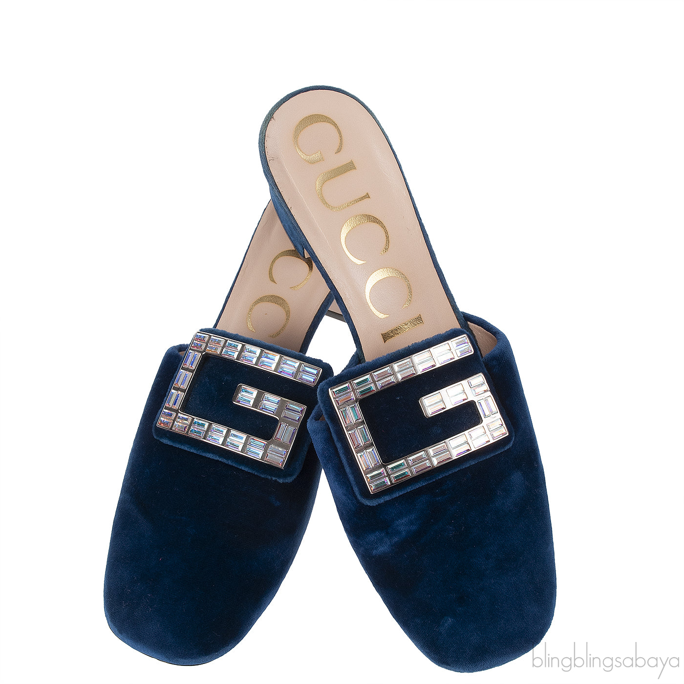 Gucci Blue Velvet G Crystal Madelyn Mules