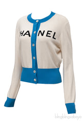 White and Blue Logo Knit Cashmere Cardigan