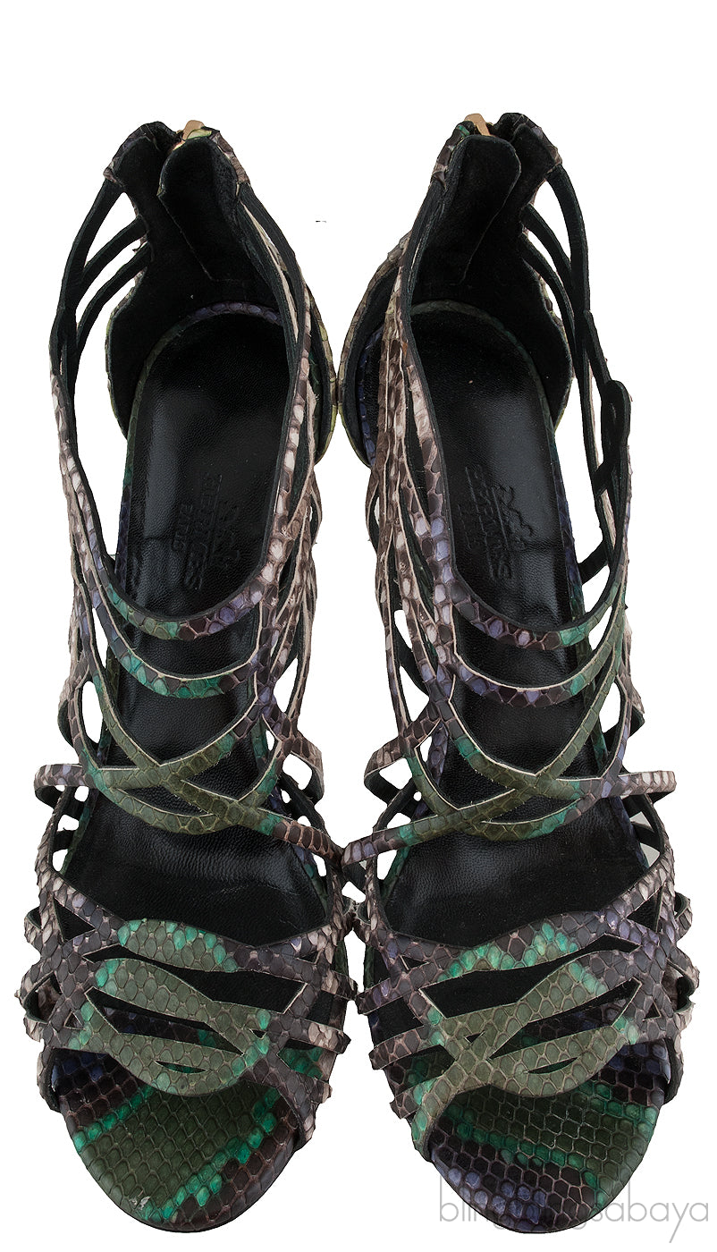 Hermes Green & Natural Snakeskin Sandals