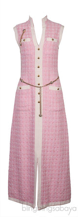 Pink Tweed Sleeveless Long Dress