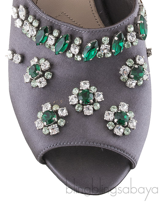 Grey Floral Crystal Slip on Sandals