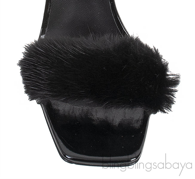 Black Picard Wedge Fur Slingback Sandals