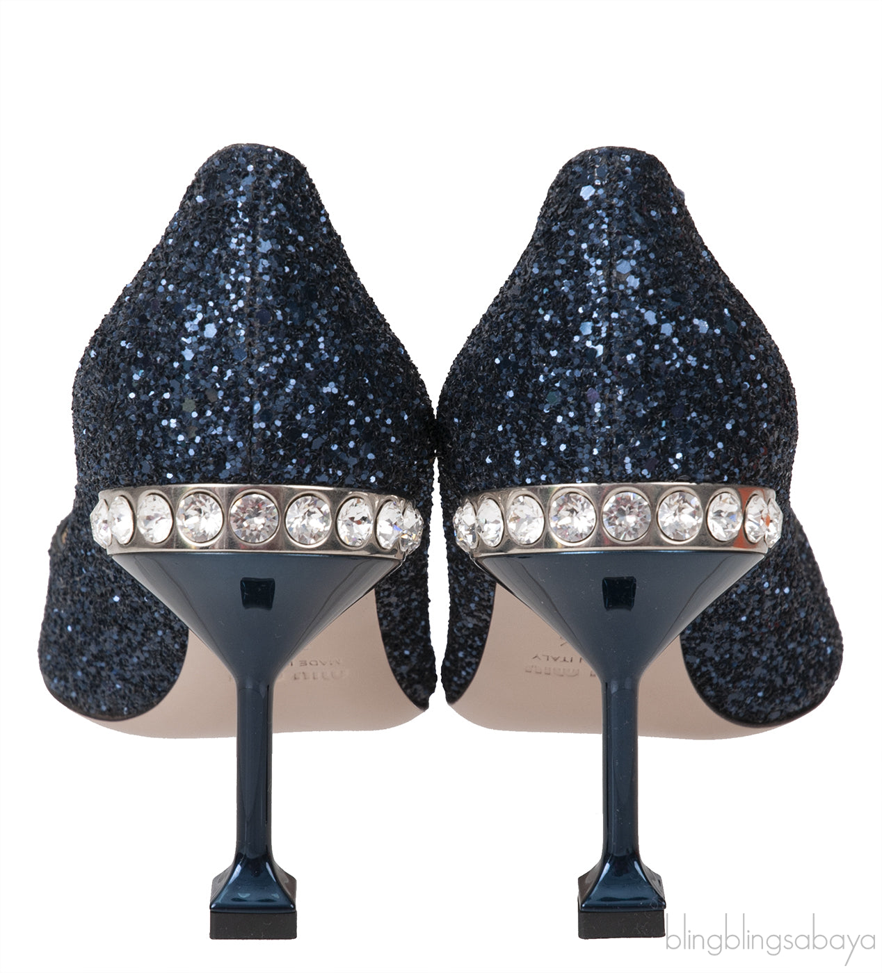 Blue Glitter Argento Pointed Toe Crystal Embellished Heels