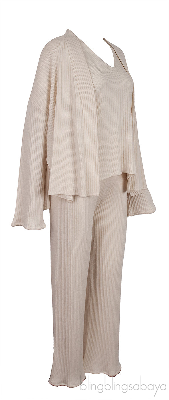 Off-white Cashmere Silk Blend Cardigan, Top & Wide Leg Set