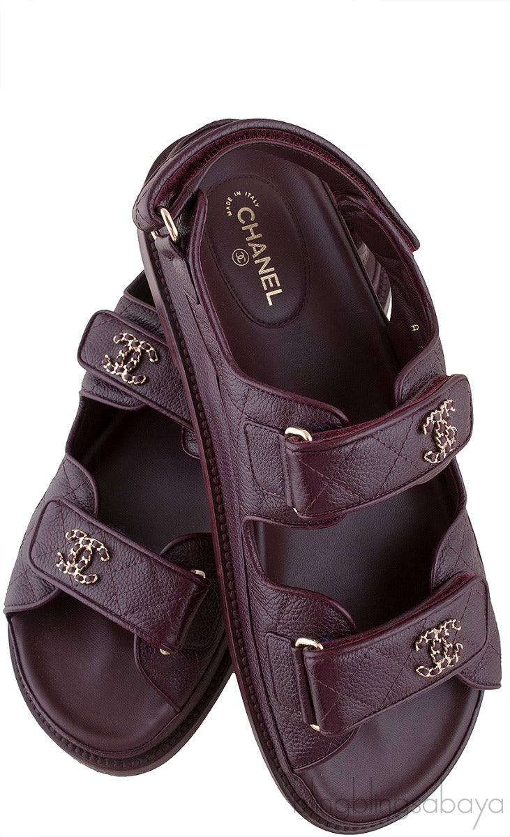 Burgundy Quilted Leather CC Velcro Sandals