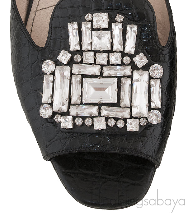 Black Crocodile Print Open Toe Slide