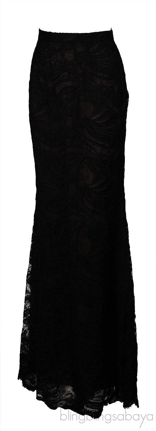 Emilio Pucci Black Silk Lace Trim Shirt & Black Lace Maxi Skirt M