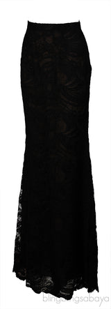 Emilio Pucci Black Silk Lace Trim Shirt & Black Lace Maxi Skirt M