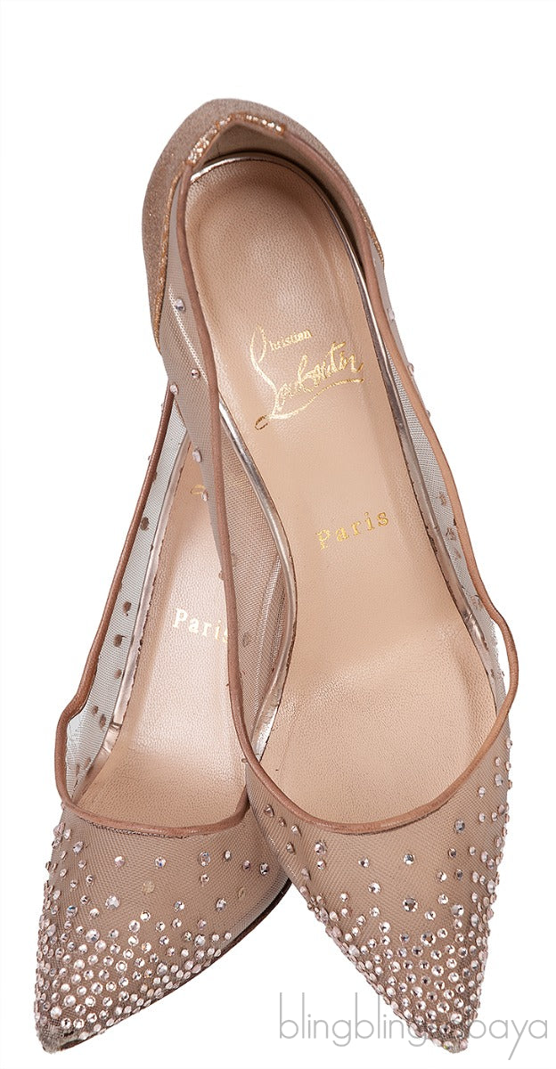 Gold & Beige Mesh Crystal Pointed Toe Heels