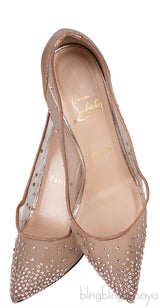 Gold & Beige Mesh Crystal Pointed Toe Heels