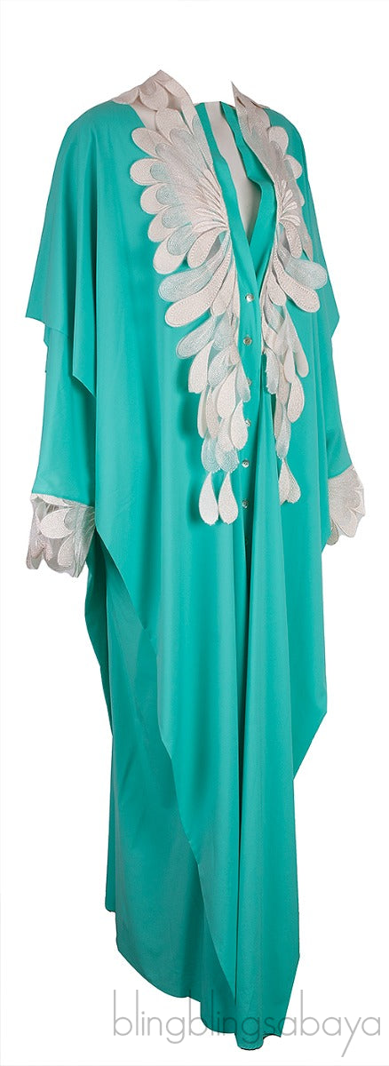 Peacock Lace Mesh Trim Green Kaftan