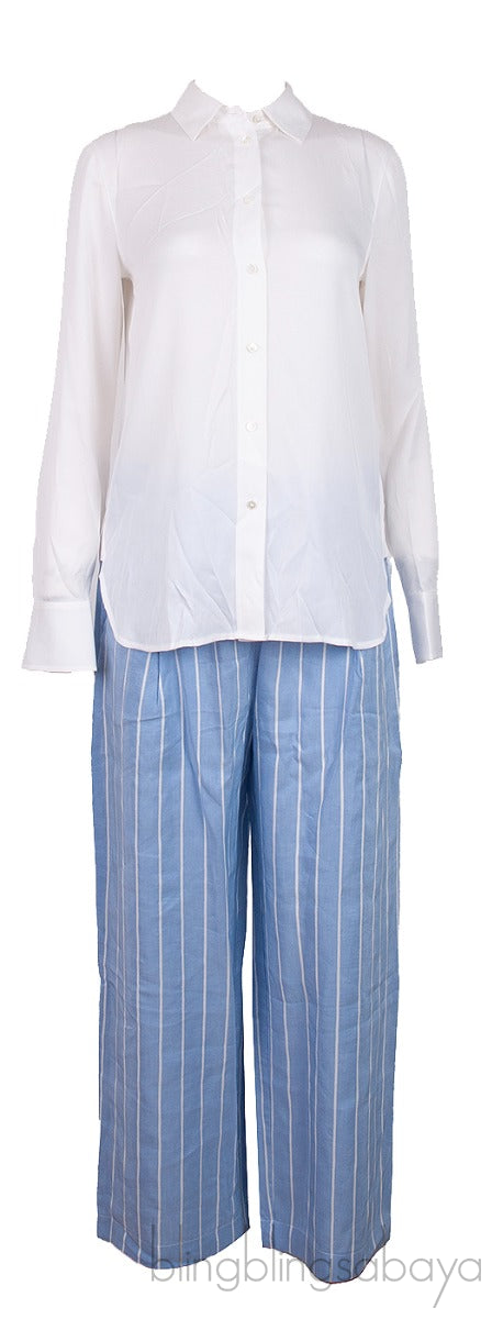 White Shirt & High Waist Stripe Wide Leg Trouser