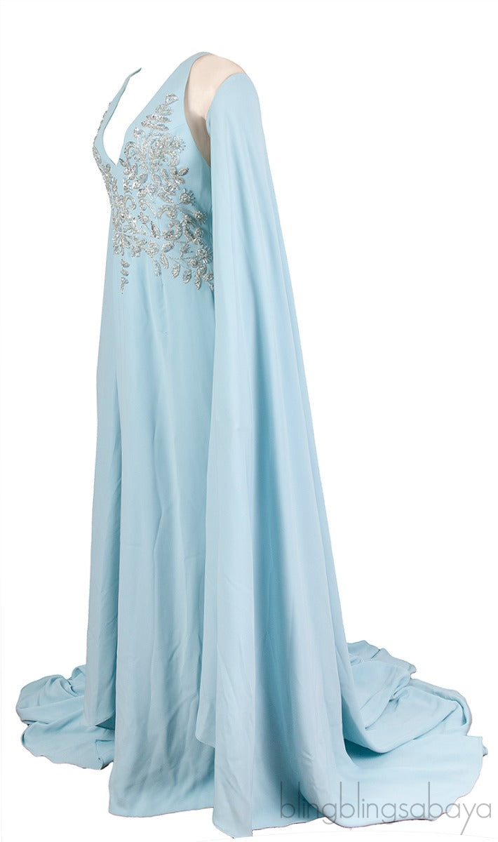 Light Blue Crystal Embellished Cape Gown