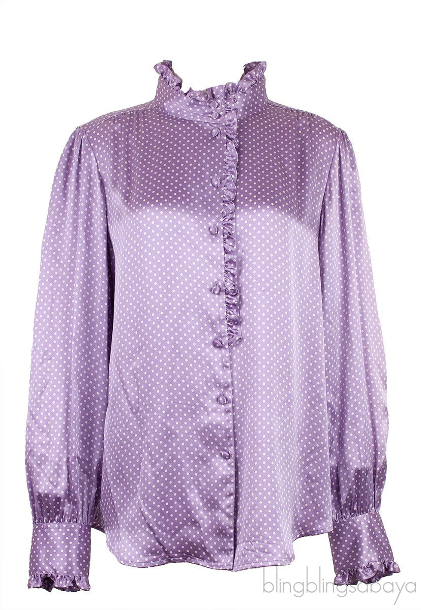 Violet Polka-dot Ruffle Trim Longsleeve Shirt