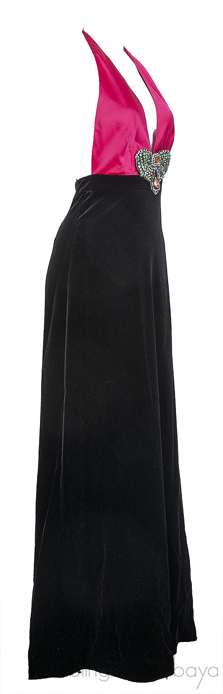 Gucci Fuchsia Pink Cotton and Black Velvet Gown