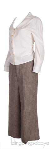 Off-white Top Shirt & Brown Houndstooth Wide Leg Pants