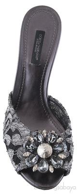 Grey Lace Crystal Vamp Slip-on Sandals